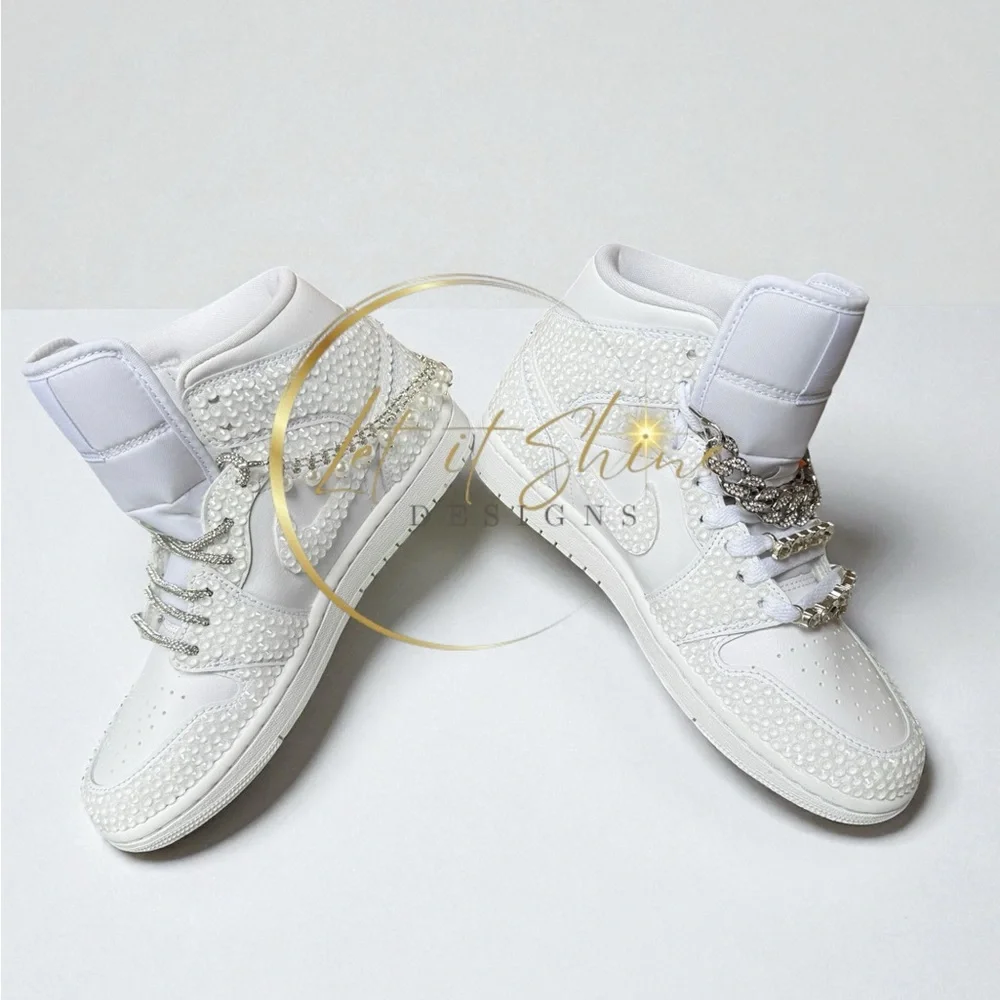 White Bling Wedding Jordan 1 Mid Custom Rhinestone Sneakers - Picture 4 of 12